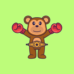 Cute monkey in boxer costume with champion belt. Animal cartoon concept isolated. Can used for t-shirt, greeting card, invitation card or mascot. Flat Cartoon Style