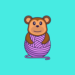Cute monkey playing with wool yarn. Animal cartoon concept isolated. Can used for t-shirt, greeting card, invitation card or mascot. Flat Cartoon Style