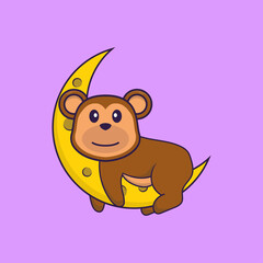 Cute monkey is on the moon. Animal cartoon concept isolated. Can used for t-shirt, greeting card, invitation card or mascot. Flat Cartoon Style