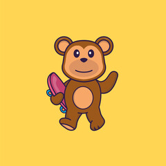 Cute monkey holding a skateboard. Animal cartoon concept isolated. Can used for t-shirt, greeting card, invitation card or mascot. Flat Cartoon Style