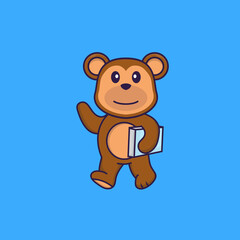 Cute monkey holding a book. Animal cartoon concept isolated. Can used for t-shirt, greeting card, invitation card or mascot. Flat Cartoon Style
