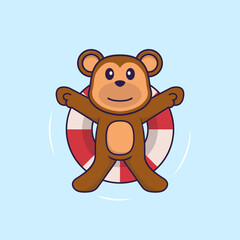 Cute monkey is Swimming with a buoy. Animal cartoon concept isolated. Can used for t-shirt, greeting card, invitation card or mascot. Flat Cartoon Style