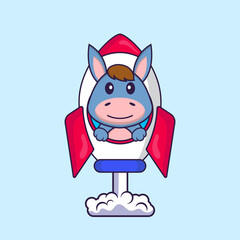 Cute llama flying on rocket. Animal cartoon concept isolated. Can used for t-shirt, greeting card, invitation card or mascot. Flat Cartoon Style