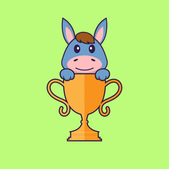 Cute llama with gold trophy. Animal cartoon concept isolated. Can used for t-shirt, greeting card, invitation card or mascot. Flat Cartoon Style