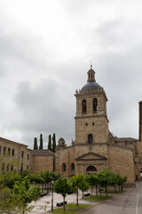 Majestic front view at the iconic spanish Romanesque architecture building at the Catedral Santa María de Ciudad Rodrigo towers and domes