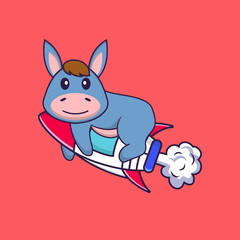 Obraz na płótnie Canvas Cute llama flying on rocket. Animal cartoon concept isolated. Can used for t-shirt, greeting card, invitation card or mascot. Flat Cartoon Style