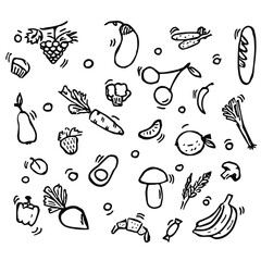 Fototapeta premium vegetarian food icons.Doodle vector with vegetarian food icons isolated on white background.Vintage food icons,sweet elements background for menu, cafe shop. 
