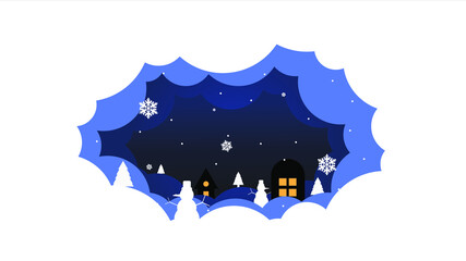 Landscape with snow-filled areas.abstract pastel paper cut illustration of winter landscape with cloud.Happy New Year and Merry Christmas background.Vintage town at night.Bright moon and shooting star