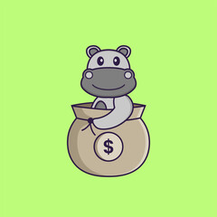 Cute hippopotamus in a money bag. Animal cartoon concept isolated. Can used for t-shirt, greeting card, invitation card or mascot. Flat Cartoon Style