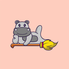 Cute hippopotamus lying on Magic Broom. Animal cartoon concept isolated. Can used for t-shirt, greeting card, invitation card or mascot. Flat Cartoon Style
