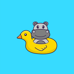Cute hippopotamus With Duck buoy. Animal cartoon concept isolated. Can used for t-shirt, greeting card, invitation card or mascot. Flat Cartoon Style