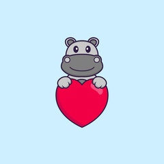 Cute hippopotamus holding a big red heart. Animal cartoon concept isolated. Can used for t-shirt, greeting card, invitation card or mascot. Flat Cartoon Style