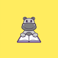 Cute hippopotamus reading a book. Animal cartoon concept isolated. Can used for t-shirt, greeting card, invitation card or mascot. Flat Cartoon Style