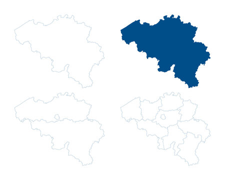 Belgium map vector. High detailed vector outline, blue silhouette, three regions map and ten provinces. All isolated on white background. Template for website, design, cover, infographics