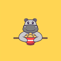 Cute hippopotamus eating ramen noodles. Animal cartoon concept isolated. Can used for t-shirt, greeting card, invitation card or mascot. Flat Cartoon Style