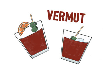 Dibujo de dos vermuts en un vaso de cristal. Rodaja de naranja, olivas y hielo. Típica bebida aperitivo española. Hora del vermut
