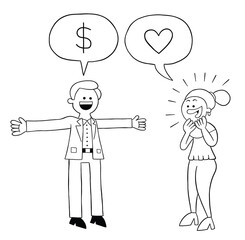 Cartoon man says he has a lot of money and she falls in love with him, vector illustration