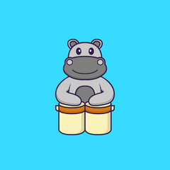 Cute hippopotamus is playing drums. Animal cartoon concept isolated. Can used for t-shirt, greeting card, invitation card or mascot. Flat Cartoon Style