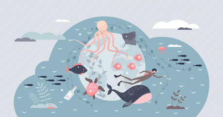 World ocean day and water purity or ecology protection tiny person concept. Earth marine climate awareness and responsibility about sustainability vector illustration. Avoid pollution or contamination