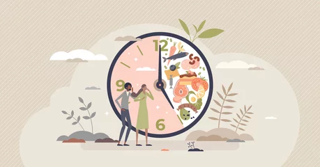 Foto op Plexiglas Intermittent fasting with time window for food eating tiny person concept. Healthy habit for weight loss and sugar balance with regular interval for feeding vector illustration. Avoid evening calories © VectorMine