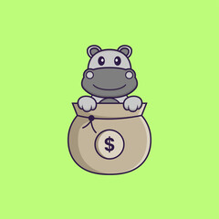 Cute hippopotamus playing in money bag. Animal cartoon concept isolated. Can used for t-shirt, greeting card, invitation card or mascot. Flat Cartoon Style