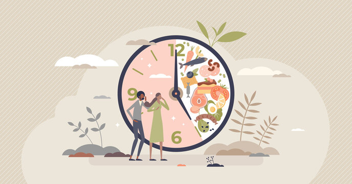 Intermittent fasting with time window for food eating tiny person concept. Healthy habit for weight loss and sugar balance with regular interval for feeding vector illustration. Avoid evening calories