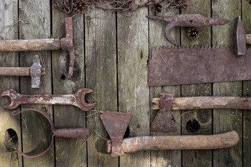 flat lay of old labor tools with blank space for lettering, labor day banner