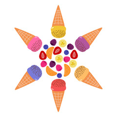 Vector collection of colorful ice cream of different flavors: strawberry, tangerine, blueberry, raspberry, blackberry, banana. Illustration on white background.