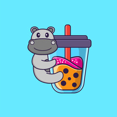 Cute hippopotamus Drinking Boba milk tea. Animal cartoon concept isolated. Can used for t-shirt, greeting card, invitation card or mascot. Flat Cartoon Style