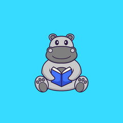 Cute hippopotamus reading a book. Animal cartoon concept isolated. Can used for t-shirt, greeting card, invitation card or mascot. Flat Cartoon Style