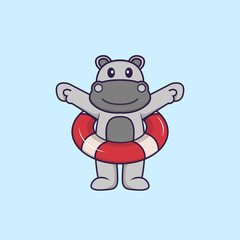 Cute hippopotamus using a float. Animal cartoon concept isolated. Can used for t-shirt, greeting card, invitation card or mascot. Flat Cartoon Style