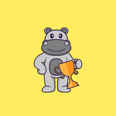 Cute hippopotamus holding gold trophy. Animal cartoon concept isolated. Can used for t-shirt, greeting card, invitation card or mascot. Flat Cartoon Style