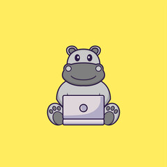 Cute hippopotamus using laptop. Animal cartoon concept isolated. Can used for t-shirt, greeting card, invitation card or mascot. Flat Cartoon Style