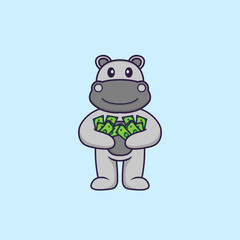 Cute hippopotamus holding money. Animal cartoon concept isolated. Can used for t-shirt, greeting card, invitation card or mascot. Flat Cartoon Style