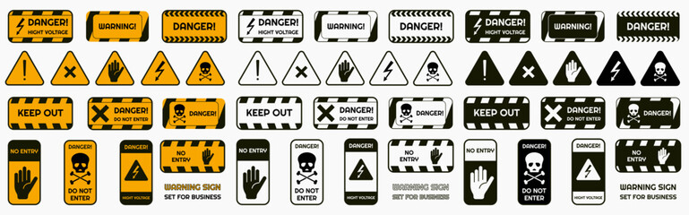 Signs warning of the danger - fire, high voltage, toxic, temperature. Caution Warning Sign Sticker. Editable vector stroke. Set of warning signs for attention and caution. Danger notice vector - obrazy, fototapety, plakaty
