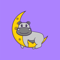 Cute hippopotamus is on the moon. Animal cartoon concept isolated. Can used for t-shirt, greeting card, invitation card or mascot. Flat Cartoon Style