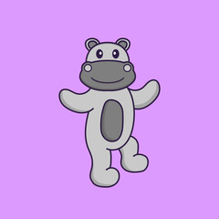 Cute hippopotamus is dancing. Animal cartoon concept isolated. Can used for t-shirt, greeting card, invitation card or mascot. Flat Cartoon Style
