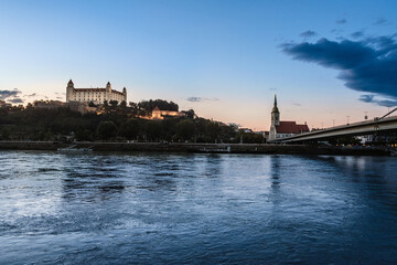 Bratislava Castle and Bridge from Danube River