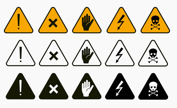 Signs warning of the danger - fire, high voltage, toxic, temperature. Caution Warning Sign Sticker. Editable vector stroke. Set of warning signs for attention and caution. Danger notice vector