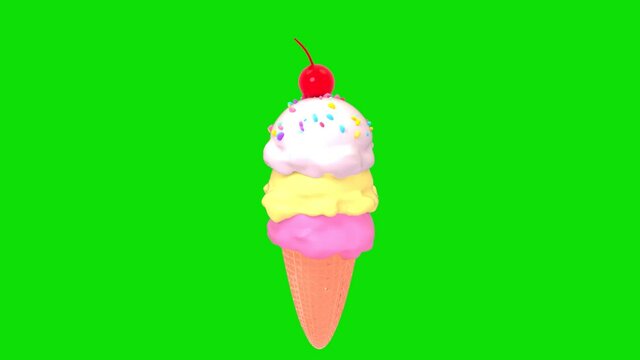 Looped 3d scoops of ice cream with colorful sprinkles and cherry on green screen background animation.