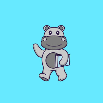 Cute hippopotamus holding a book. Animal cartoon concept isolated. Can used for t-shirt, greeting card, invitation card or mascot. Flat Cartoon Style