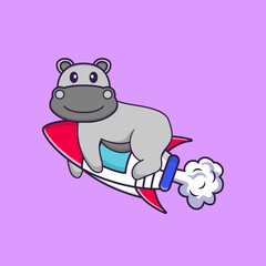 Cute hippopotamus flying on rocket. Animal cartoon concept isolated. Can used for t-shirt, greeting card, invitation card or mascot. Flat Cartoon Style