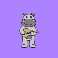 Obraz na płótnie Canvas Cute hippopotamus playing guitar. Animal cartoon concept isolated. Can used for t-shirt, greeting card, invitation card or mascot. Flat Cartoon Style