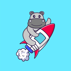 Cute hippopotamus flying on rocket. Animal cartoon concept isolated. Can used for t-shirt, greeting card, invitation card or mascot. Flat Cartoon Style
