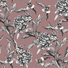 Monochrome black and white seamless pattern outline flowers peony on dark pink background. Design for textiles, fabrics, packaking, wallpapers, home decoration