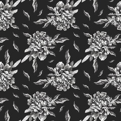 Monochrome black and white seamless pattern outline flowers peony on dark gray background. Design for textiles, fabrics, packaking, wallpapers, home decoration