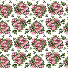 Seamless pattern botanical watercolor illustration of rosehip flower and leaf. Vintage hearts elements. Design for textiles, fabrics, packaking, wallpapers, home decoration