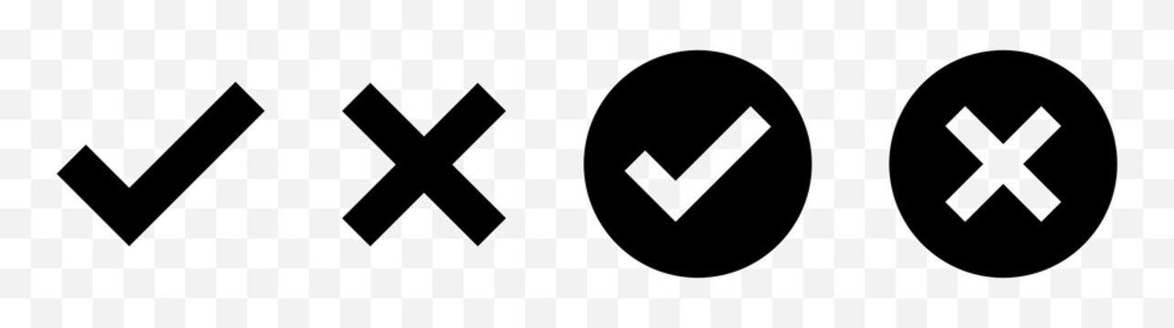 Check mark, Cross mark black icon set. Isolated checkmark symbol, right and wrong sign concept. Vector illustration.