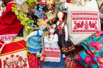 Dolls-amulets and handmade souvenirs. Traditional exhibition of folk crafts.