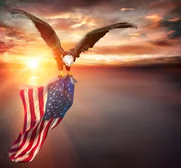 Foto auf Leinwand Adler mit amerikanischer Flagge fliegt in Freiheit bei Sonnenuntergang - Vintage getönt © Romolo Tavani